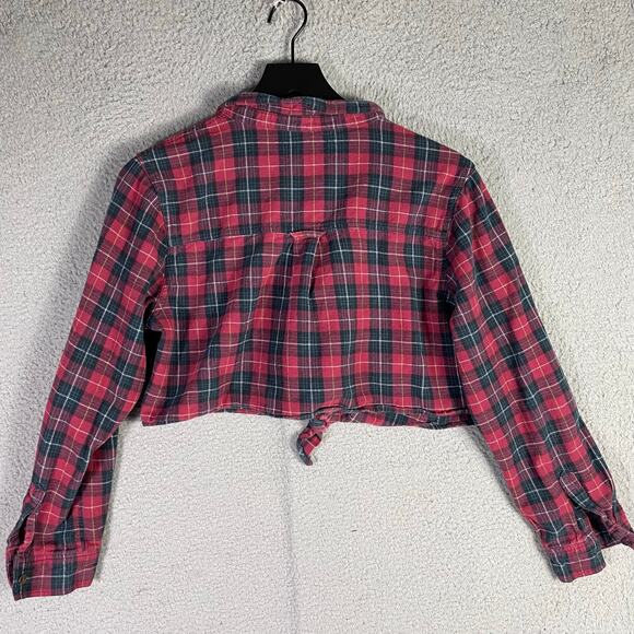 Forever 21 Plaid Flannel Button Front Long Sleeve Crop Tie Shirt Red L - Picture 5 of 9